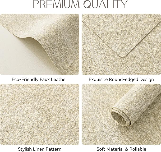 Romanstile Vinyl Placemats Set of 6-12 X 17 Inch - Faux Leather 100% Waterproof Oil-Proof Wipeable Place Mats, Heat Resistant Reversible PU Table Mats for Kitchen Dining Party Outdoor, Beige