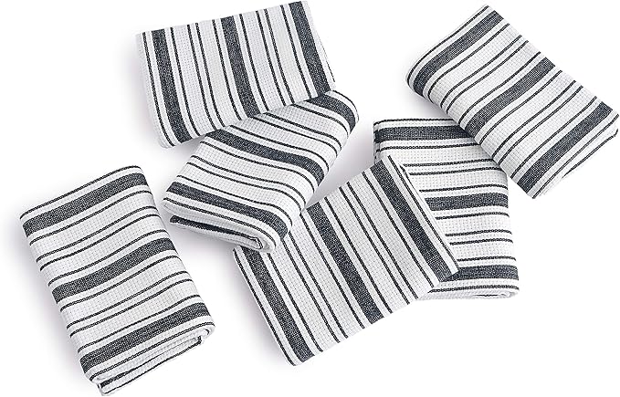 Kitchen Towels Set – Pack of 6 (20’’ x 30’’) Extra Large Premium Cotton Dish Towels for Kitchen – Basket Weave Towels – Absorbent – 100% Cotton – with Hanging Loop – Black