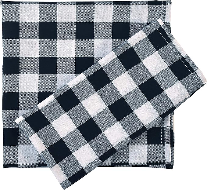 FINGERCRAFT Cloth Napkins, Everyday Use, Premium Quality, Cotton Buffalo Plaid, Set of 12, 20X20 Inch Oversized Napkins Cloth Mitered Corners, Soft, Durable Hotel Quality Black White Checkered