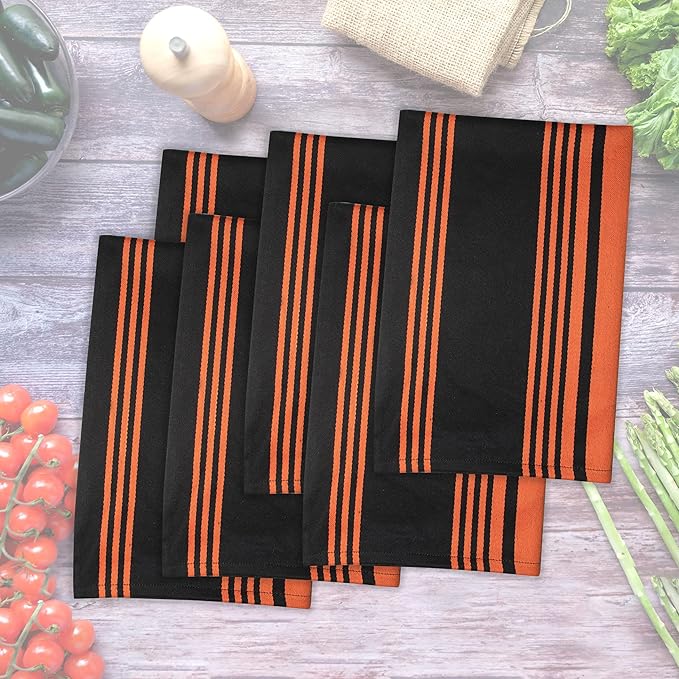 Urban Villa Halloween Kitchen Towels 100% Cotton Set of 6 Dish Towels - 20x30 Inches Highly Absorbent Quick Drying Dish Towels for Kitchen with Hanging Loop Hand & Tea Towels (Orange & Black Striped)