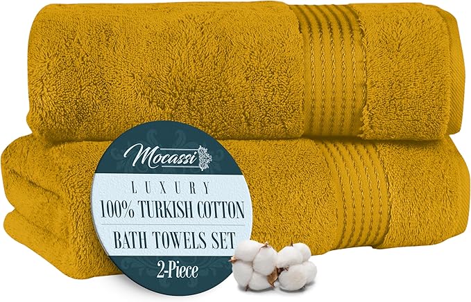 Mocassi Luxury 100% Turkish Cotton 2-Pack Bath Towel Set- Ultra Soft, Quick Dry Highly Absorbent 27 x 54 inch Premium Spa Hotel Quality 2PC Bath Towels - Luxurious Soft Bathroom Towels, Gold