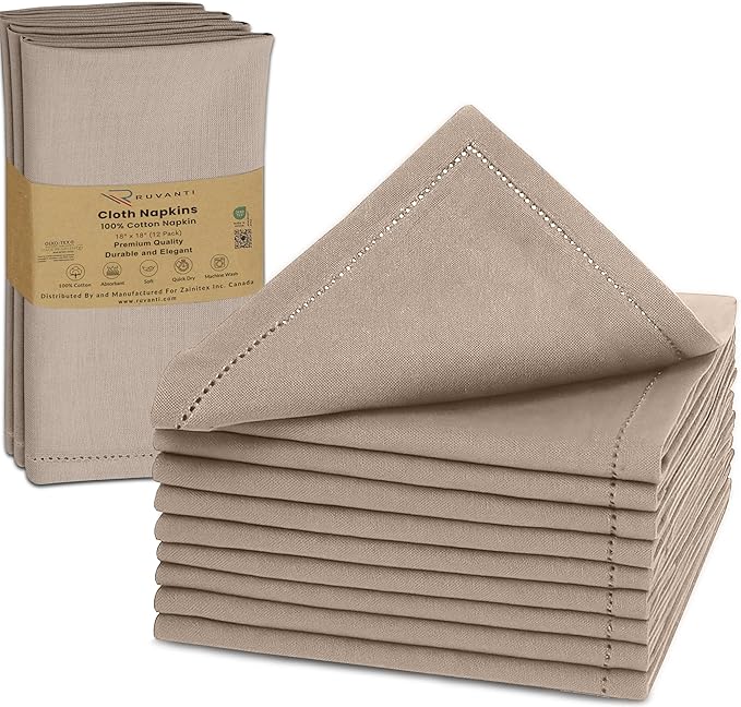 Ruvanti Cloth Napkins Set of 12, 100% Cotton High GSM 18x18 Inches, Hem Stitched Corners, Soft, Washable, Highly Durable & Absorbent, Perfect for Parties, Christmas, Thanksgiving Dinners – Light Taupe