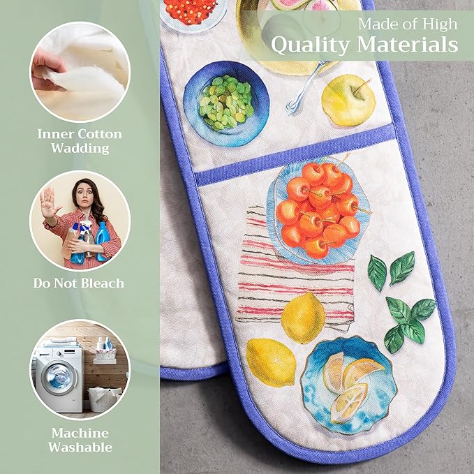 Maison d' Hermine Double Oven Mitts 100% Cotton 7"x35" Double Oven Mitt Heat Resistant BBQ Cooking Gloves with Loop Baking Grilling Gifts for Mothers Day Spring Summer (Gourmand)