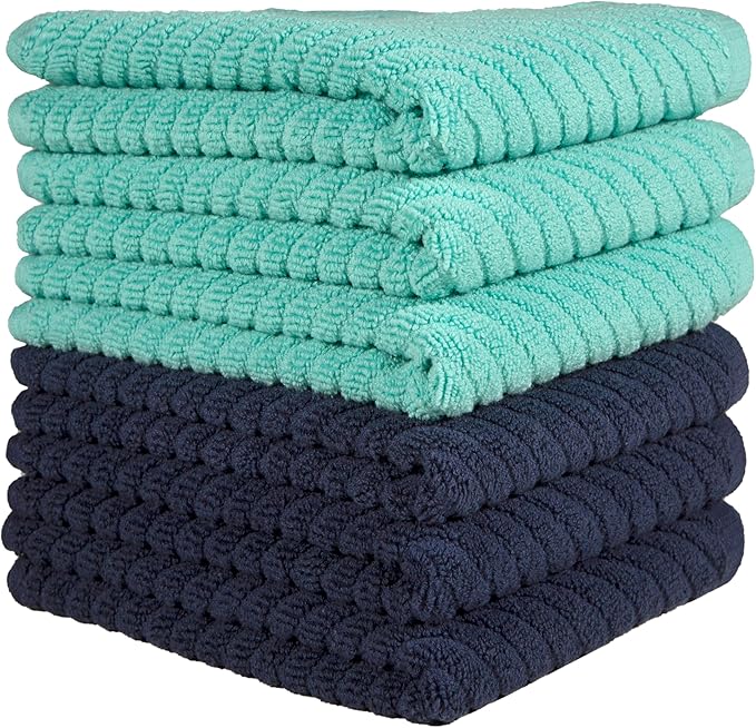 Premium Kitchen Towels (16”x 25”, 6 Pack) | Large Cotton Kitchen Hand Towels | Dish Towels | Diagonal Weave Design | 445 GSM Highly Absorbent Tea Towels Set with Hanging Loop | Aqua & Navy
