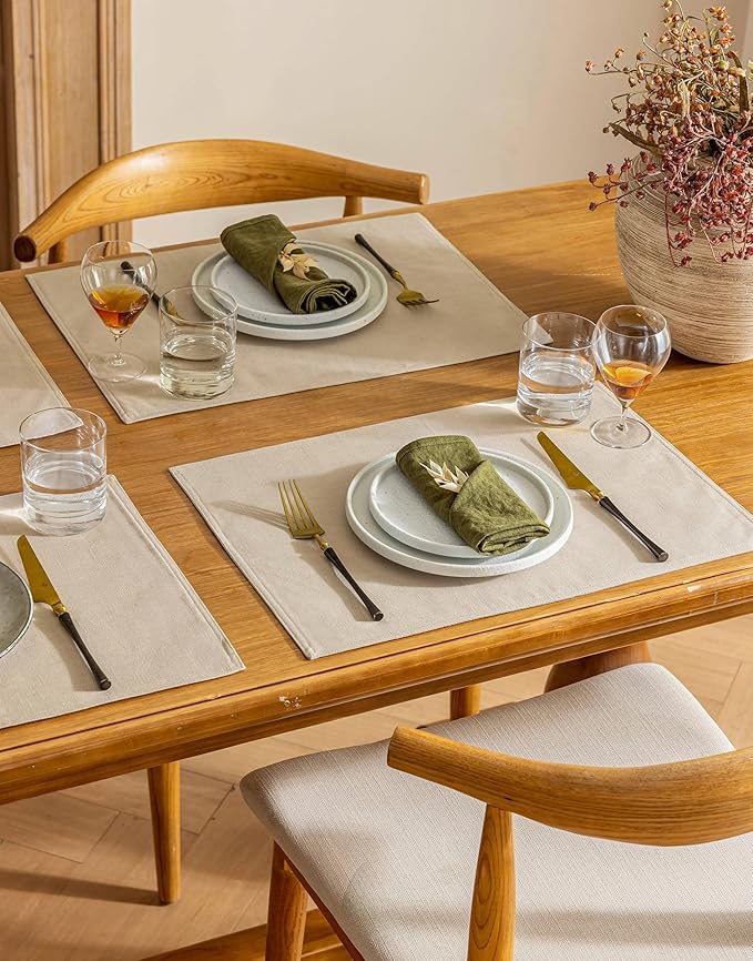 Fabric Linen Dining Table Mats Set of 8 Machine Washable Water Repellent Boho Cream Beige Plate Placemats Dining Room Table Decorations 12x18 Inch