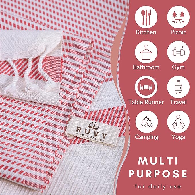 Ruvy Home Basics Turkish Hand Towels for Bathroom Set of 4 | 18"x40", Cotton | Decorative Towel for Bathroom, Kitchen, Dishcloth, Tea, Yoga, Face, Gym - Coral