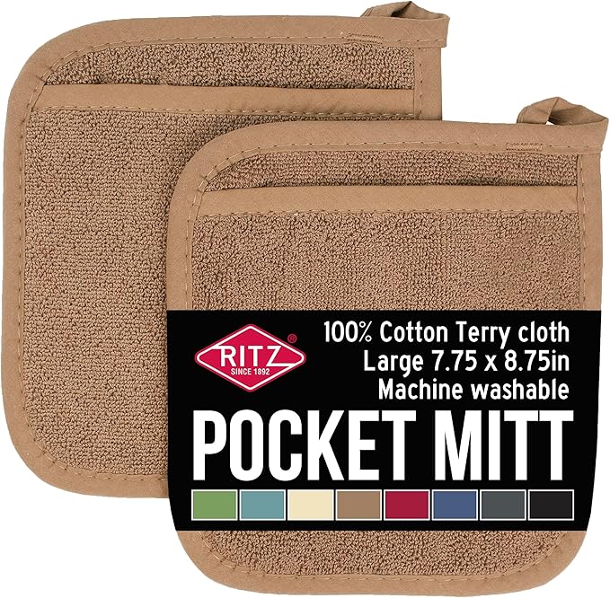 RITZ Terry Pocket Mitt & Hot Pad: Unparalleled Heat Resistant, Durable 100% Cotton – Ergonomically Designed for Optimal Grip – Easy-Care Machine Washable – 2-Pack, Mocha
