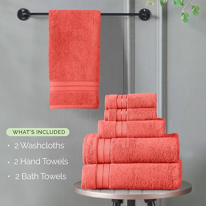 Elegant Comfort Luxury 6-Piece Towel Set, Premium Soft 100% Turkish Cotton, Three Line Popcorn Design 2 Bath Towels, 2 Hand Towels and 2 Washcloths Towel Set - Quick-Drying and Absorbent, Coral