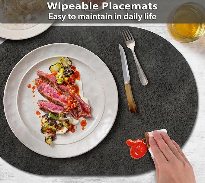 ADRIMER Placemats, Heat Resistant Oval Placemats Set of 6 Washable 12 x 17 Inch, Waterproof Table Mats, Wipeable Pu Place Mats for Kitchen, Dark Grey