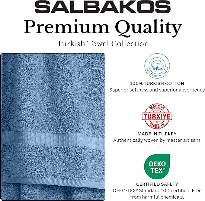 SALBAKOS 100% Turkish Cotton Hand Towels Set 6-Piece Blue 16x30 in | Luxury Premium Quality Thick Super Absorbent Turkish Hand Towel for Bathroom & Kitchen | Made in Turkey (Blue, 6 Hand Towels)