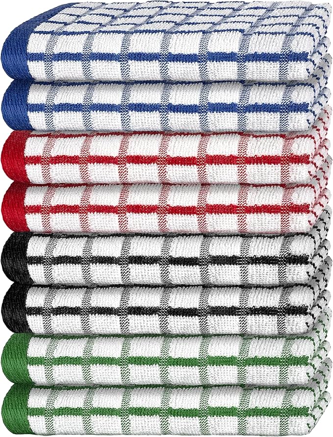 Premium Dish Towels for Kitchen, 8 Pack, 16x26 - 100% Cotton Kitchen Towels with Hanging Loop, Ultra Absorbent and Thick 410 GSM, Multicolor