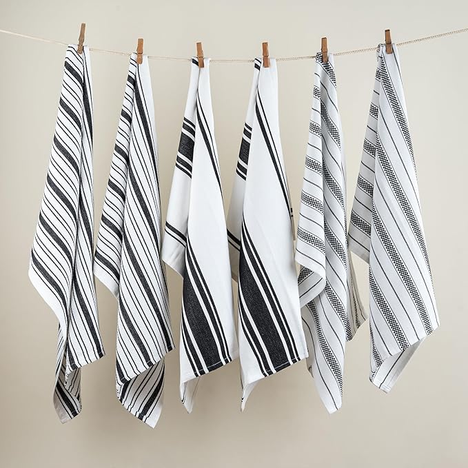Kitchen Towels Set – Pack of 6 (20’’ x 30’’) Extra Large Premium Cotton Dish Towels for Kitchen – Absorbent – 100% Cotton – with Hanging Loop – Black Multi Design Striped