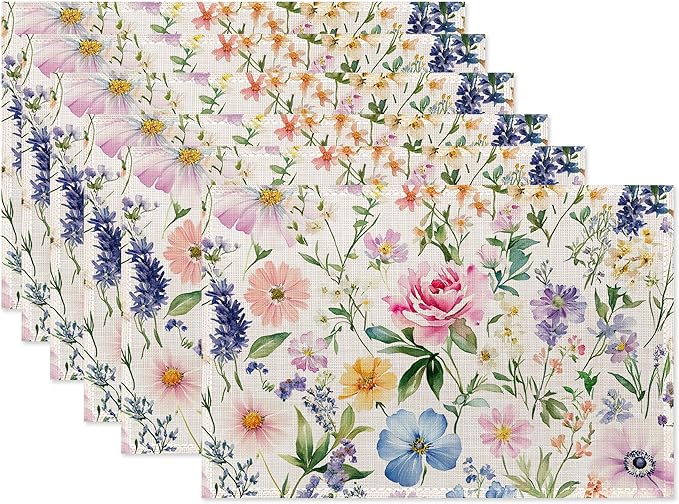 Wildflowers Floral Placemats Set of 6,Plants Waterproof Heat Resistant Dining Table Plate Mat for Home Kitchen Dining Table 12x18Inch