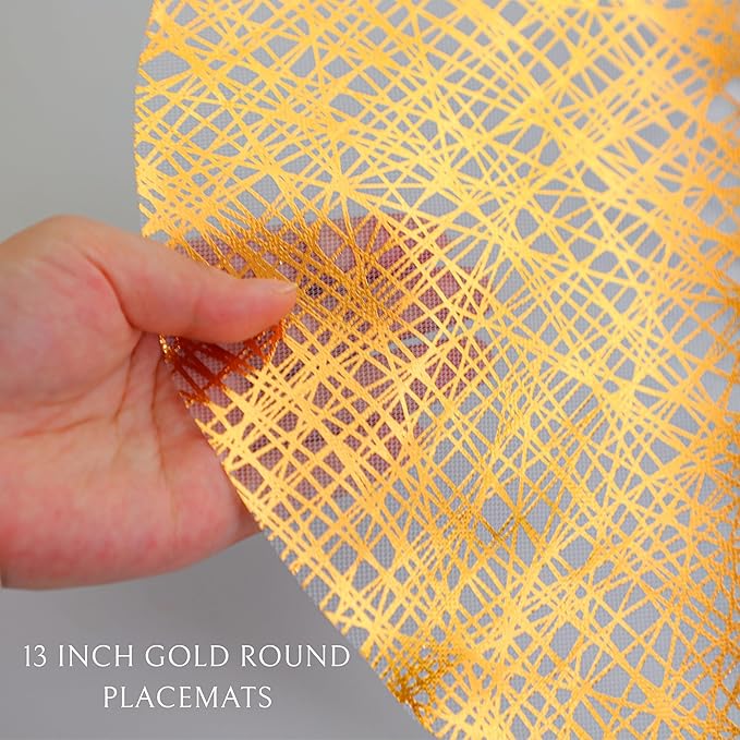 Snowkingdom Gold Placemats Set of 50, Gold Metallic Mesh Glitter Foil Place Mats 13 Inch Round Disposable Doilies for Dinning Table Fall Wedding Birthday Party Thanksgiving Christmas Decorations