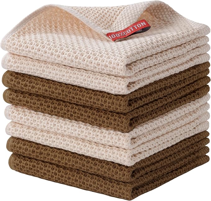 joybest Cotton Kitchen Dish Cloths, 8-Pack Waffle Weave Ultra Soft Absorbent Dish Towels Washcloths Quick Drying Dish Rags, 12x12 Inches, Beige and Brown