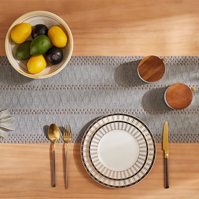 ZeeMart Macrame Style Boho Table Runner, Grey Table Runners 48 Inches Long, Farmhouse Woven Home Decor, 12x48 Inch, Grey