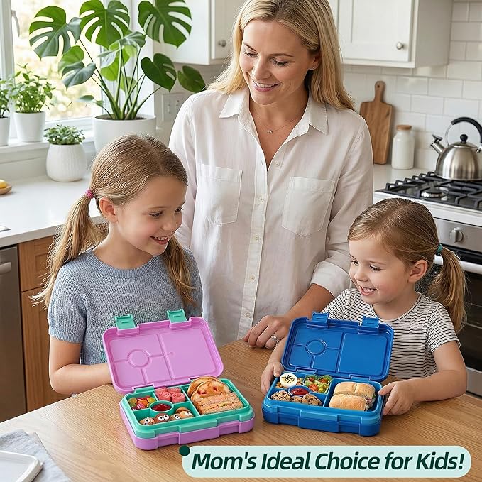Bento Lunch Box for Kids, 6 Compartments BPA Free, Dishwasher Safe Back to School Snack Bento Lunch Containers Boxes, Ideal Portion Sizes for On-the-Go Meal, Ages 3+, School, Pink Patterned