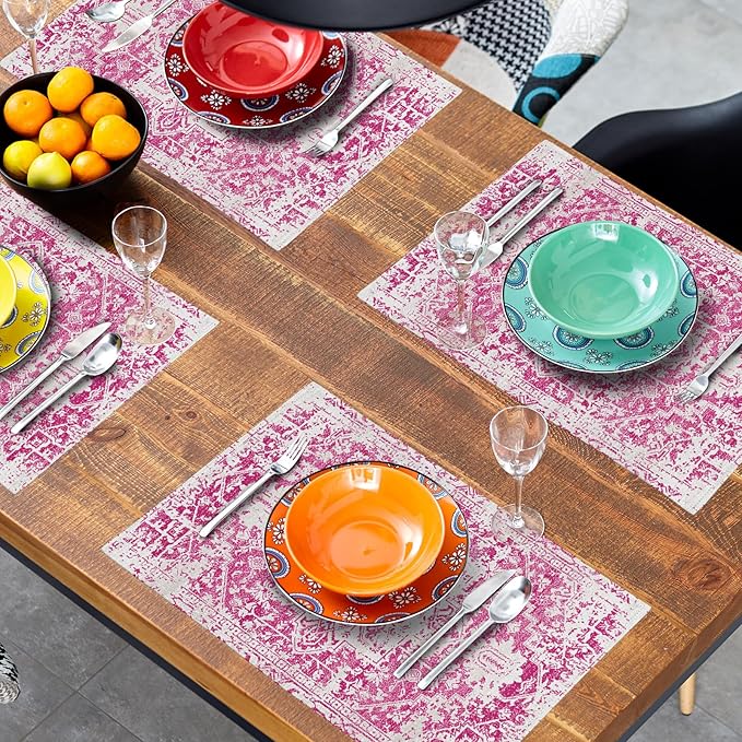 Gray Hot Pink Boho Placemats Set of 6 Ethnic Bohemian Carpet Place Mats Washable Kitchen Dining Vintage Grey Geography Floral Linen Table Mats Stain Heat-Resistant for Home Party Indoor 12x18 in