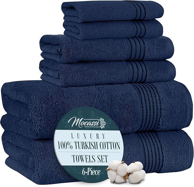 Mocassi Luxury 100% Turkish Cotton 6-Piece Towel Set - Ultra Soft, Quick Dry Highly Absorbent Premium Spa Hotel Quality Bath Towels, Includes 2 Bath Towels, 2 Hand Towels and 2 Washcloths, Navy Blue