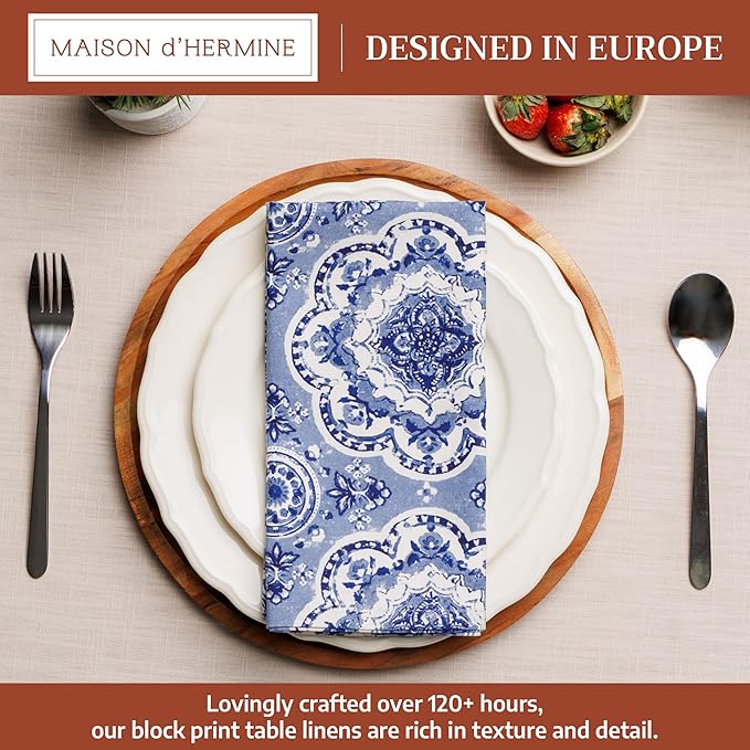 Maison d' Hermine Cloth Napkins Set of 4 100% Cotton Everyday Reusable Square Napkins Cloth Washable Dinner Party Wedding Restaurant Gifts for Mothers Day Spring/Summer(Melodie Bleue, 20" x 20")