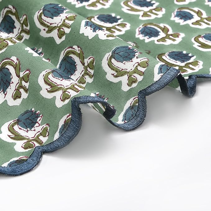 Ridhi Hand Block Print Basil Green 18" x 18" (Set of 4) Embroidery Table Napkins Reusable Cotton Dinner Napkins for Weddings, Parties, Everyday Dining Gift for Spring, Easter, Valentine