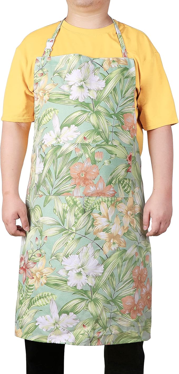 Sanlykate Extra Large Canvas Cotton Apron for Men & Women, Plus Size Durable Aprons with 2 Pockets, Adjustable Bib Machine Washable Oversized Aprons for Baking, Cooking, Painting - Leaves
