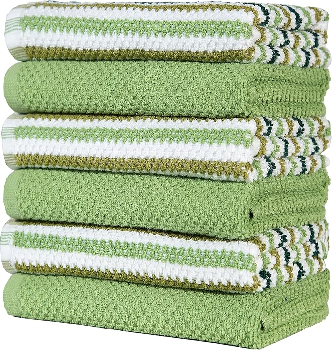 Premium Kitchen Towels (16”x 26”, 6 Pack) | Large Cotton Kitchen Hand Towels | Popcorn Striped Design | Dish Towels | 430 GSM Highly Absorbent Tea Towels Set with Hanging Loop | Sage