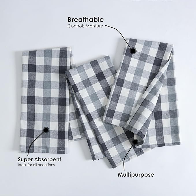 Gingham Check Cloth Napkins Set of 12, Soft, 100% Cotton, Durable, 18"x18", Reusable Dinner Napkins for Every Day & Special Occasions, Washable Table Linens for Dining - Grey Natural