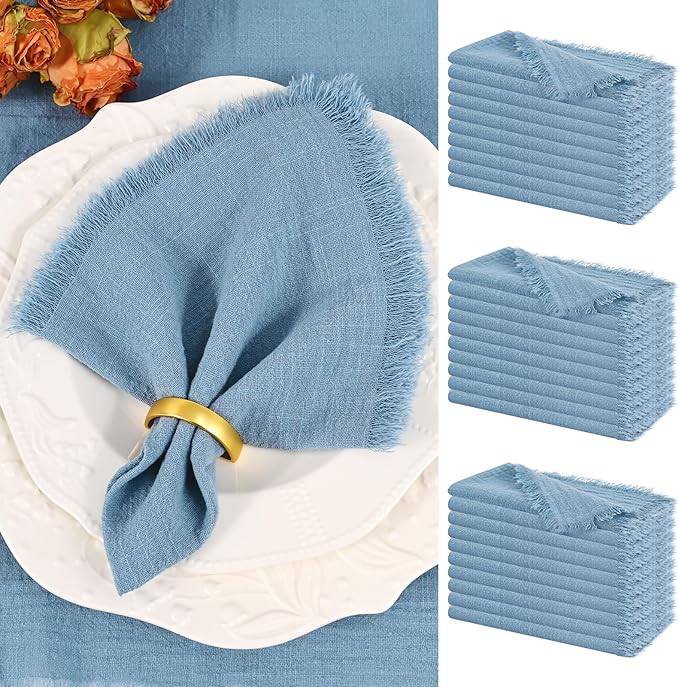 Showgeous 30 Pack Dusty Blue Cloth Napkins with Fringe 16x16 inch 100% Cotton Blue Napkins Handmade Dinner Napkins Bulk Washable Soft Rustic Table Napkins for Wedding Parties Bridal Baby Shower
