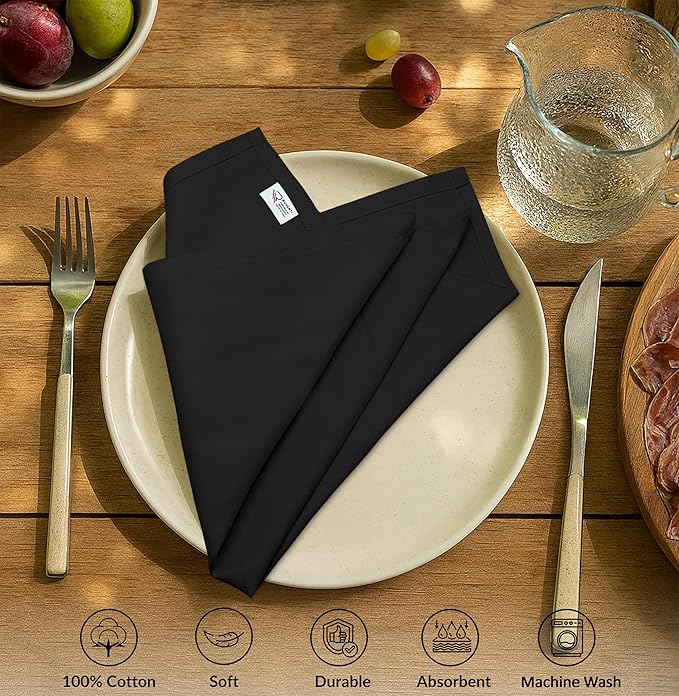 Ruvanti Cloth Napkins Set of 12, 100% Cotton High GSM 18x18 Inches Soft, Washable, Highly Durable & Absorbent, Perfect for Parties, Christmas, Thanksgiving Dinners – Black Beauty