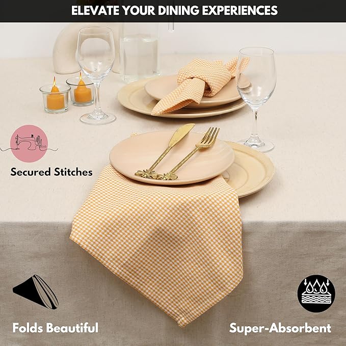 Napkin 100% Cotton Cloth Napkin Decorative Washable Houndstooth Check Napkins Set of 12 for Home, Kitchen, Dining, Cocktail Parties & Camping - Mustard Yellow (18”X18”)