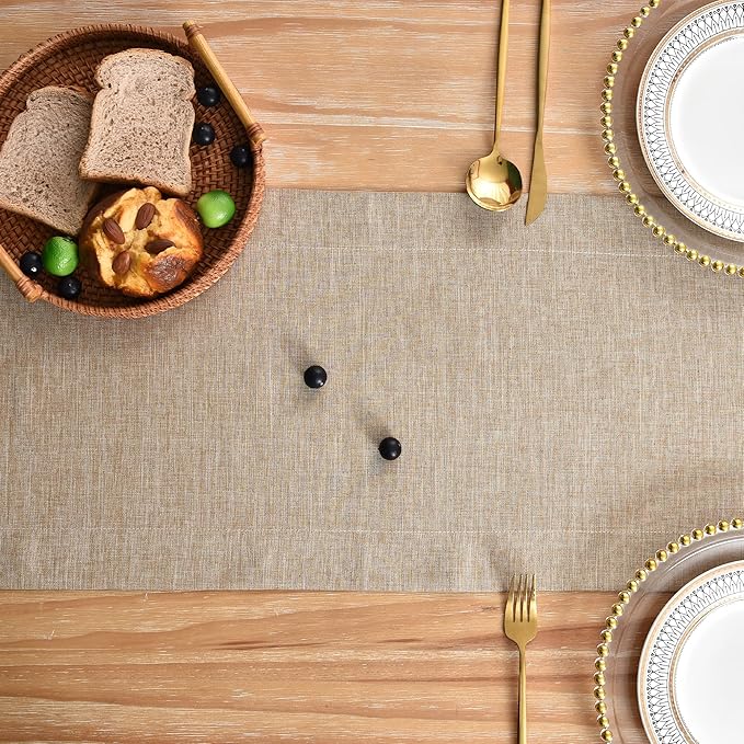 NEWISHER Farmhouse Rustic Table Runner Solid Flaxen Rectangular Table Runners Faux Linen Table Runner for Everyday Use Kitchen Dining Party Table 13x72 Inch
