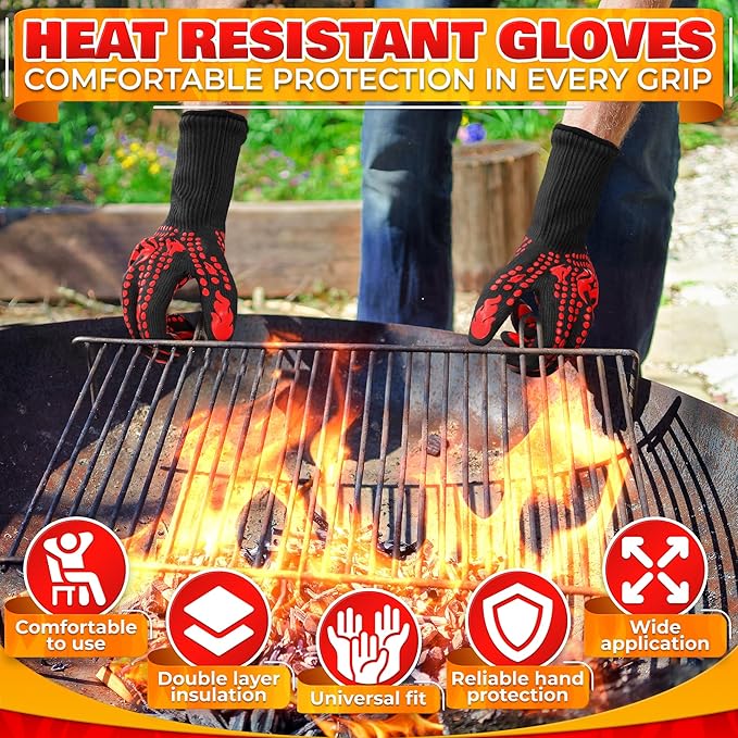 BBQ Gloves - 1472 °F 6 Sec. Heat Resistant Gloves for Cooking Made of Aramid Fabric with Anti-Slip Silicone, Double-Layer Insulation, and Elastic Band - for Grilling, Baking and Kitchen Use