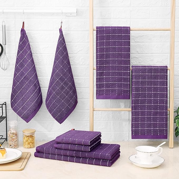 Homaxy Kitchen Towels and Dishcloths Set, 12 x 12 and 13 x 28 Inches, Set of 10 Bulk Cotton Terry Kitchen Towels Set, Checkered Designed, Soft and Super Absorbent Dish Towels, Purple