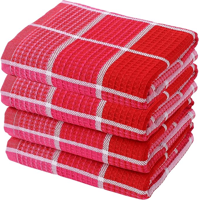 Bright Large Kitchen Towels, 4-Pack, 16 Inch x 26 Inch Buffalo Check Dish Towels for Washing Drying Dishes, Colorful Waffle Design Tea Towel Bar Towel (Pink)