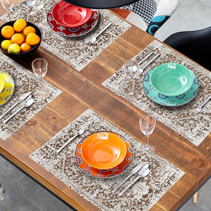 aportt Gray Brown Boho Placemats Set of 6 Ethnic Bohemian Carpet Place Mats Washable Kitchen Dining Vintage Grey Geography Floral Linen Table Mats Stain Heat-Resistant for Home Party Indoor 12x18 in