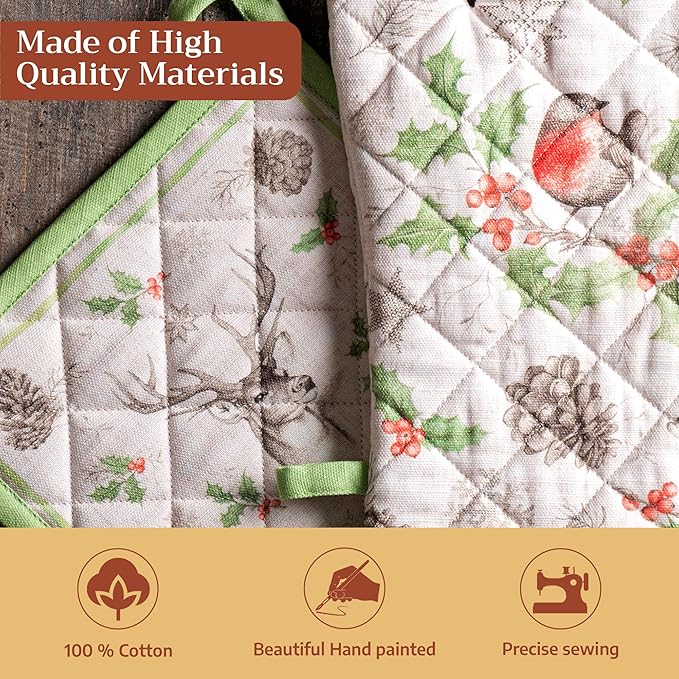 Maison d' Hermine 100% Cotton Oven Mitt & Pot Holder Set (7.5"x13" & 8"x8") Heat Resistant BBQ Cooking Gloves with Loop for Thanksgiving Christmas Decorations Handling Hot Pans (Christmas Dew)