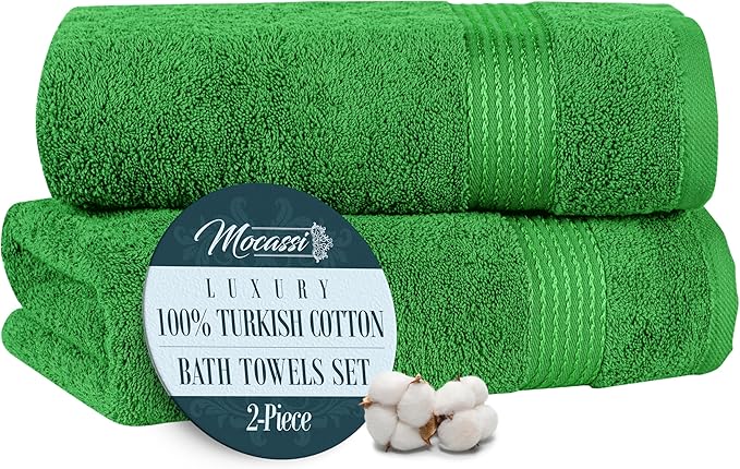Mocassi Luxury 100% Turkish Cotton 2-Pack Bath Towel Set- Ultra Soft, Quick Dry Highly Absorbent 27 x 54 inch Premium Spa Hotel Quality 2PC Bath Towels - Luxurious Soft Bathroom Towels, Emerald Green