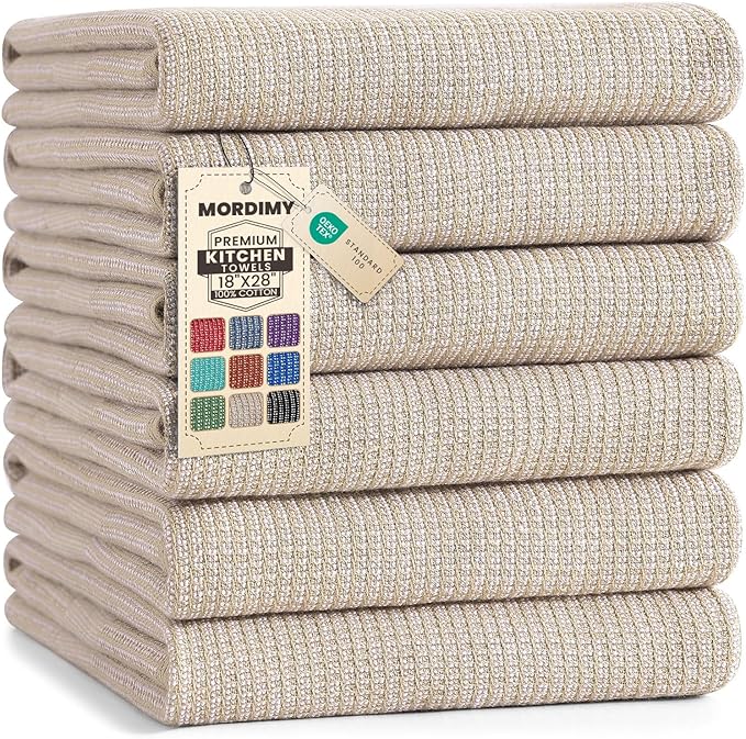 Mordimy Premium Kitchen Towels 6 Pack (18 x 28 Inches, Khaki), Large Cotton Kitchen Hand Towel, Flat & Terry Dish Towels for Drying Dishes, Super Absorbent Tea Dishtowels Set with Hanging Loop
