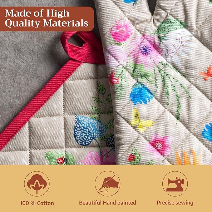 Maison d' Hermine 100% Cotton Oven Mitt & Pot Holder Set (7.5"x13" & 8"x8") Heat Resistant BBQ Cooking Gloves with Loop Grilling Kitchen Gifts for Mothers Day Spring/Summer (Jardin D'Ete - Fog)