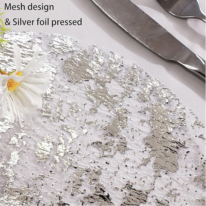 Snowkingdom Silver Disposable Placemats Set of 24 Foil Mesh 13 Inch Round Pressed Table Mates 24 Pack Silver Doilies for Dining Table Wedding Birthday Party Holiday Home Decoration