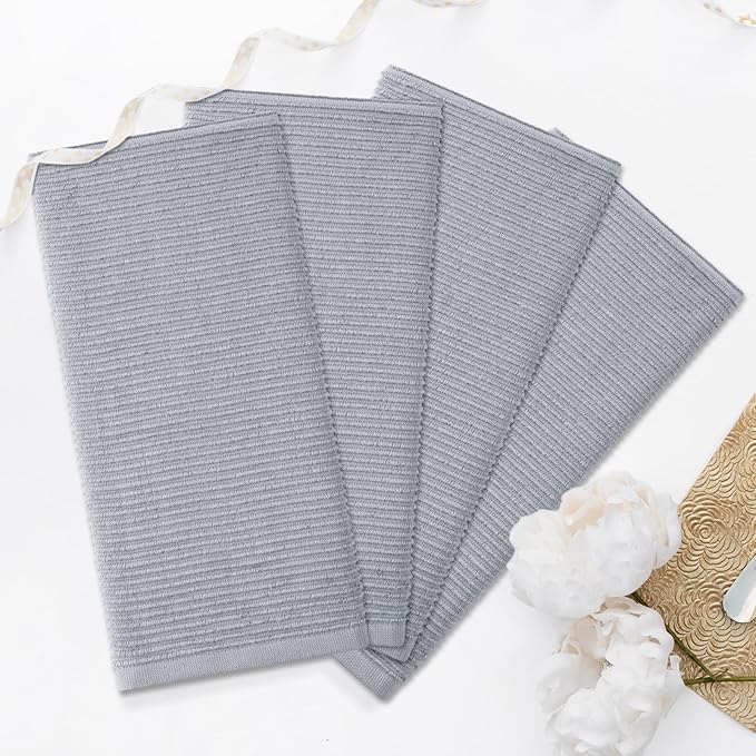 Homaxy Premium Kitchen Towels (18"x 28", 12 Pack), Large 100% Cotton Kitchen Hand Towels, Ultra Absorbent Ribbed Terry Tea Towels Set with Hanging Loop, Grey
