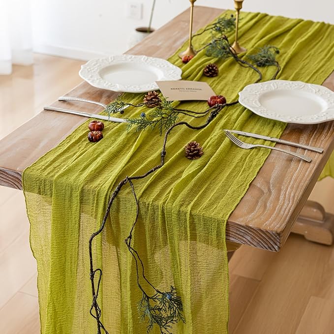 Keketoarrange Moss Green Cheesecloth Easter Spring Table Runner Gauze 120 Inch 10 FT Rustic Boho Cheese Cloth Runner for Wedding Baby Shower Bridal Shower Long Sheer St Patricks Day Home Decorations