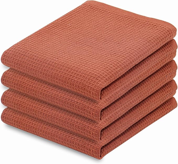 PurpleEssences Rust Waffle Weave Kitchen Towel, 100% Cotton - 15x25 Inches with Hanging Loop, Ultra Soft Absorbent Quick Drying Dish Cloth, Tea and Hand Towels, 4 Pack - Spring Easter Summer - Rust