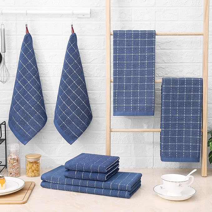 Homaxy Kitchen Towels and Dishcloths Set, 12 x 12 and 13 x 28 Inches, Set of 8 Bulk Cotton Terry Kitchen Towels Set, Checkered Designed, Soft and Super Absorbent Dish Towels, Navy Blue