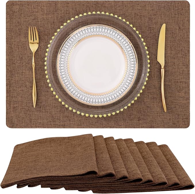 homing Cotton Linen Placemats Set of 8, Cloth Washable Farmhouse Dining Table Mats for Indoors & Outdoors, Easy to Clean, Brown, 13 x 19 Inch