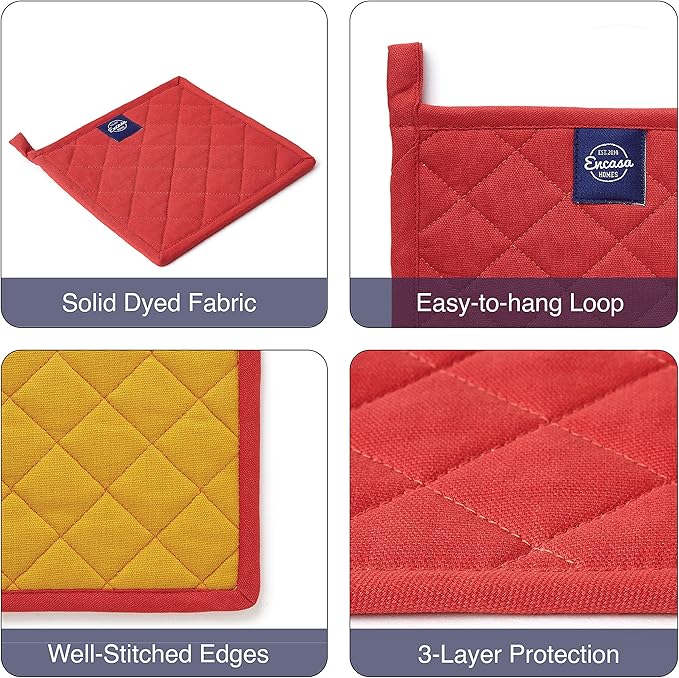 Encasa XO Heat Resistant Cotton Pot Holders with Hanging Loop - Set of 2 - Mango - Multipurpose Quilted Everyday Hot Pad for Kitchen, Camping, BBQ & Microwave - 8x8 in
