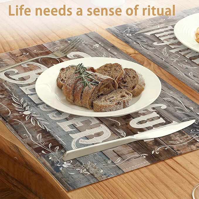 Thankful Blessed Placemats Set of 6,Vintage Wood Board Placemats Washable Kitchen Dining Linen Table Mats Stain Heat-Resistant for Home Party Indoor 12x18 inch
