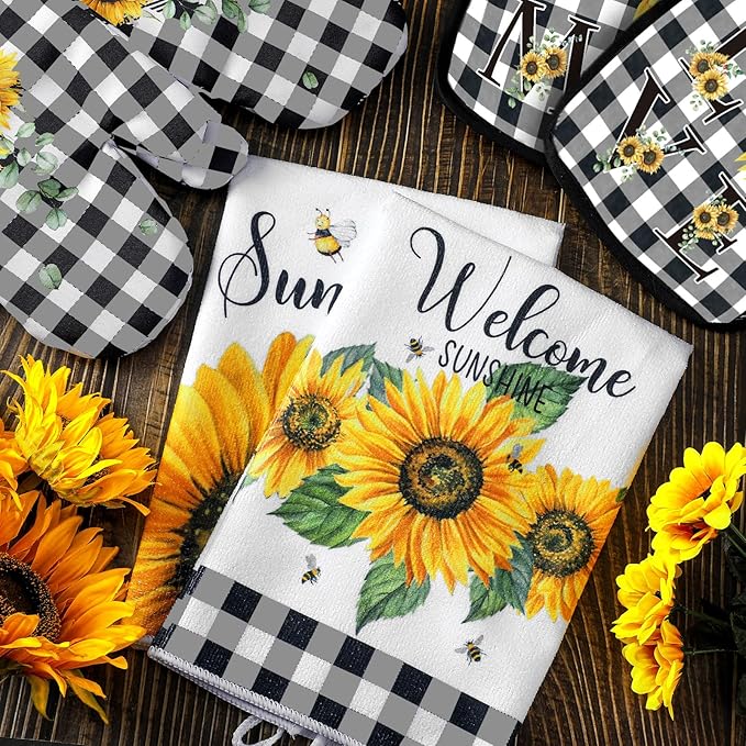 Bencailor 6 Pcs Spring Kitchen Decor Sunflower Pot Holders and Oven Mitts Sets Yellow Kitchen Towel 2 Farmhouse Cooking Mittens for Cooking Grilling Supply Accessories(Yellow,Sunflower)