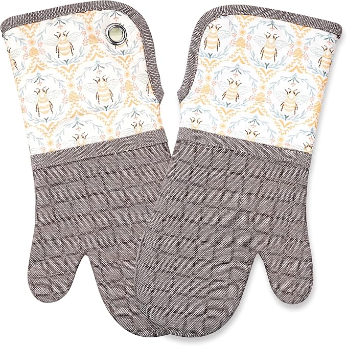 Silicone Printing Oven Mitts Heat Resistant to 500 Degree,Yarm-Dyed Oven Gloves with Animal Design Non-Slip for Kitchen Cooking Barbecue Baking and Machine Washable. (Khaki Oven Mitts)